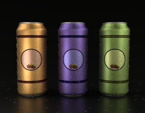 gold, purple, and green cans in front of a black background